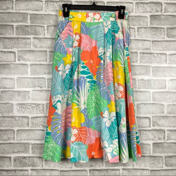 Sanibel Dresses & Skirts - Vintage Sanibel Pastel Floral Leaf Print 70s Vibrant Colorful Mid Length Skirt 6